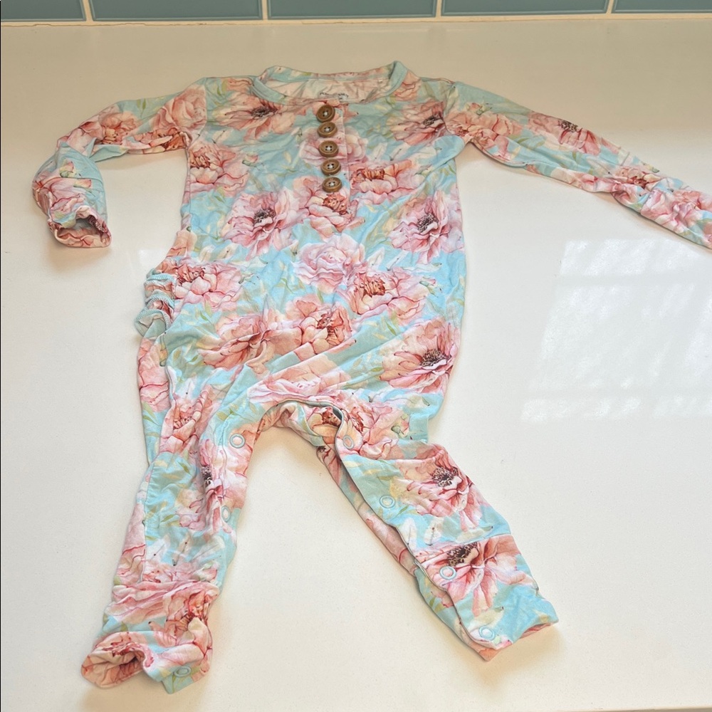 Posh Peanut Pink and Blue Floral Footie size 18-24 months